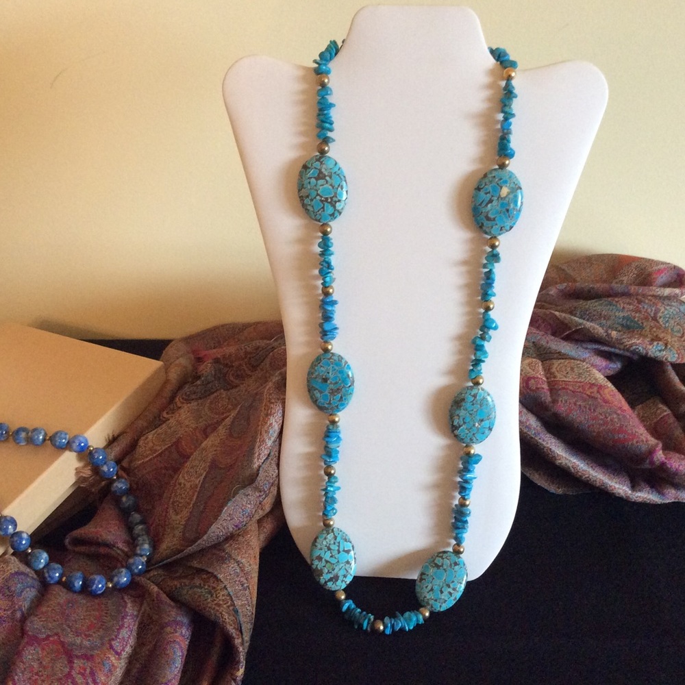 Unakite and turquoise necklace with gold spacers